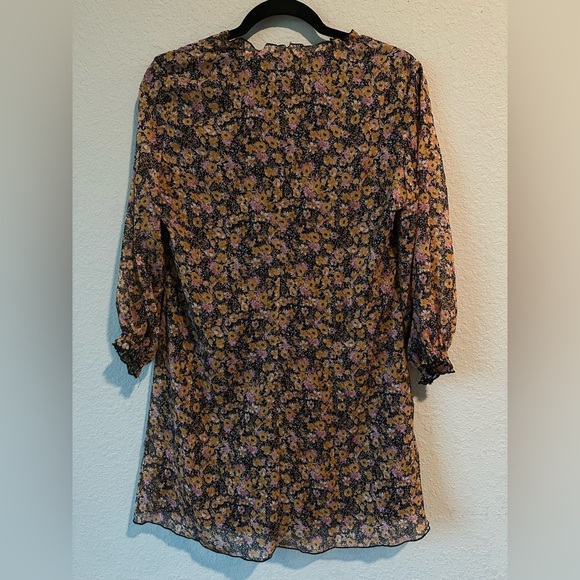 Zara Shift Dress Yellow/Pink/Black Ditsy Floral Dress V-Neck Long Sleeve Size M - Picture 3 of 6